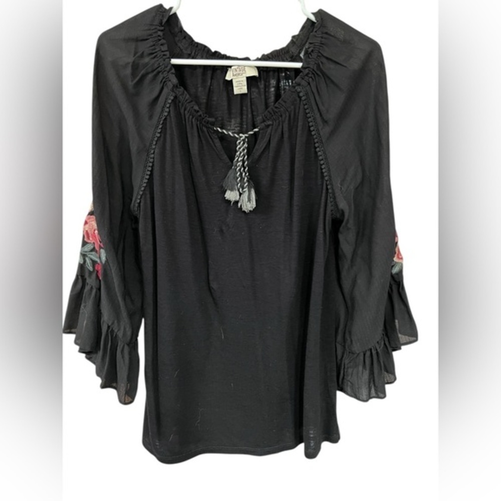 Vintage America Black Blouse with Floral Embroidery